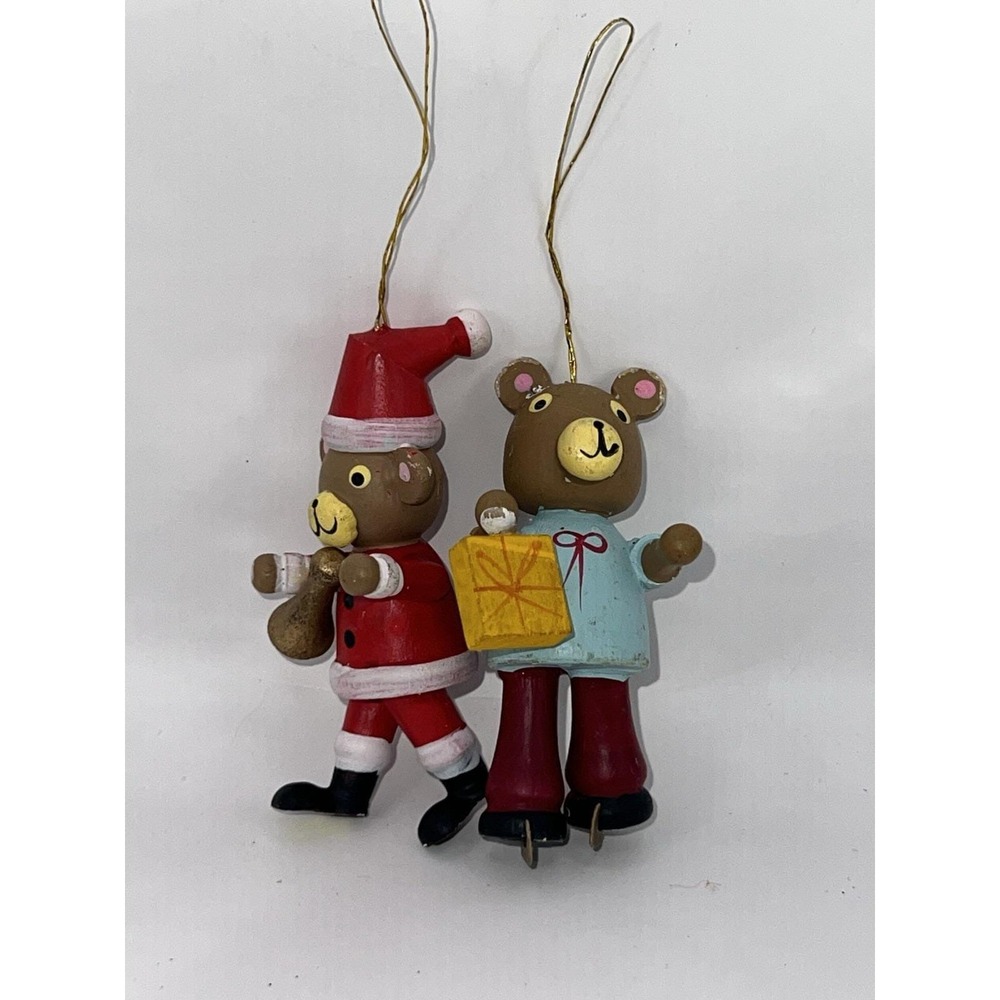 Vtg Wooden 3" Xmas ornament set of‎ Teddy Bears